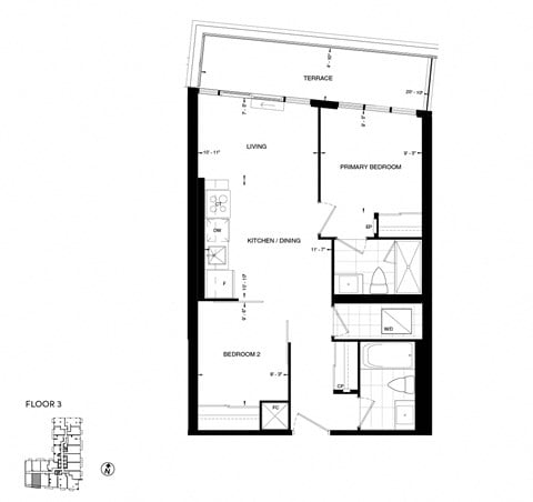 Floor plan for 2 beds, 2 baths, 653 sqft
